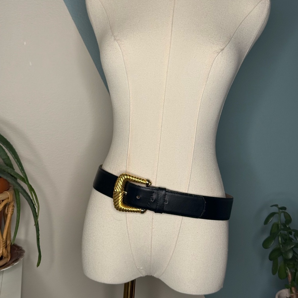 VTG Anne Klein II for Oroton Leather Belt Sculptural Gold Rope Buckle 80s Belt L - Picture 3 of 7